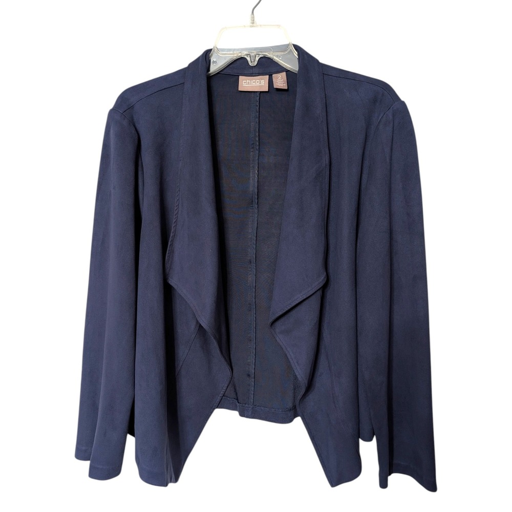 Chico's Navy Blue Faux Suede Draped Collar Open Front Jacket Blazer Size Large